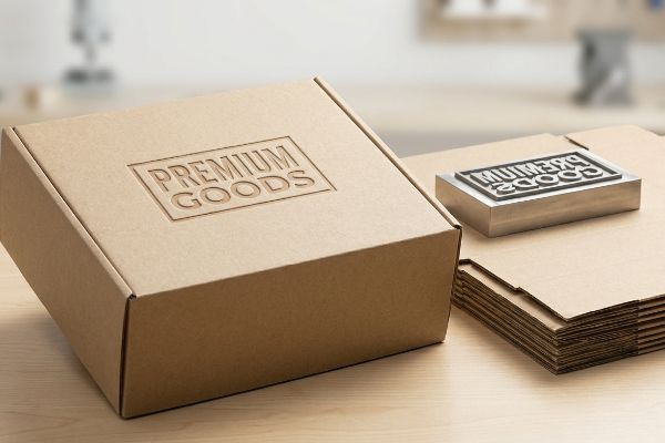 A kraft paper box features a debossed