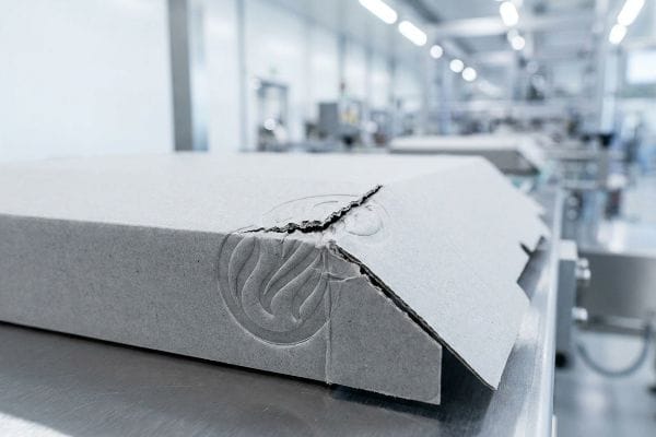 Light grey carton board with a deep debossed logo torn at a primary structural fold, showing fiber blowout.