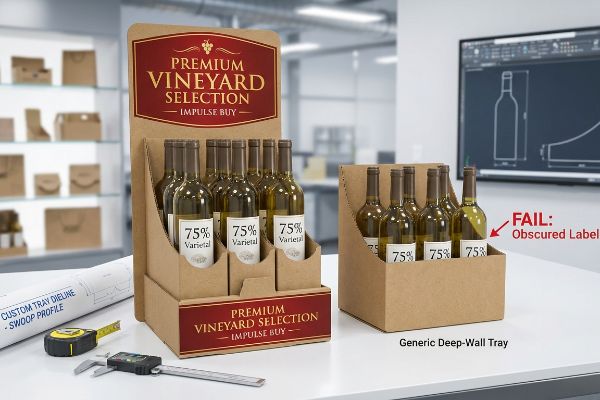 Corrugated wine display with custom swoop profile ensures 