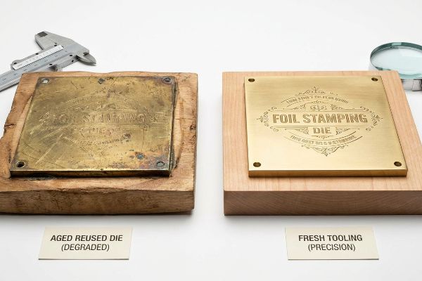 Aged Reused Die (Degraded) and Fresh Tooling (Precision) brass Foil Stamping Dies on wood blocks.
