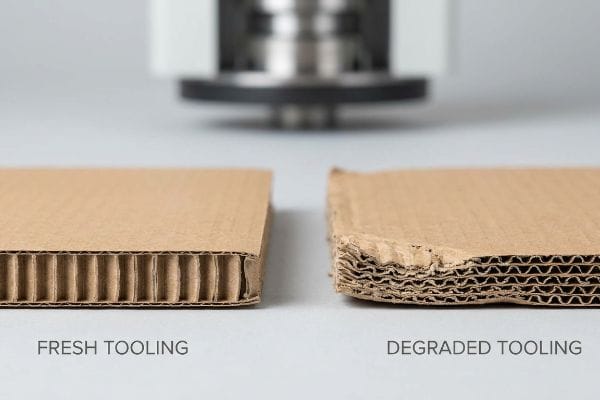 Corrugated cardboard comparison showing a clean cut from Fresh Tooling versus crushed flutes from Degraded Tooling, highlighting die-cutting quality.