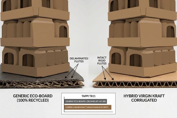 Corrugated Flute Comparison TAPPI T811: Generic Eco-Board's delaminated flutes crush at 142 lbs; Hybrid Virgin Kraft maintains integrity.
