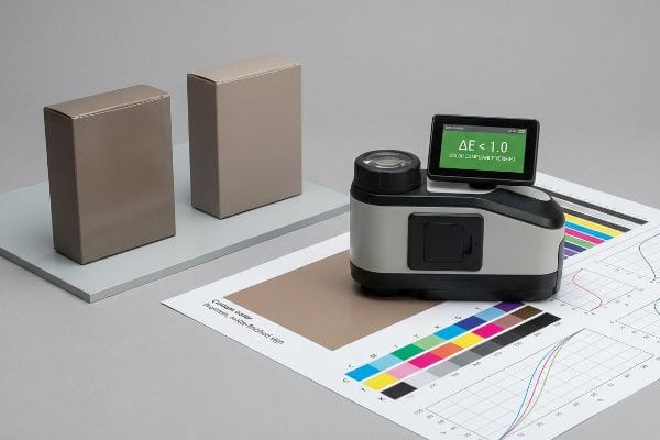 Spectrophotometer verifies Delta E < 1.0 color compliance for Pantone Warm-Finished High soft-touch boxes.