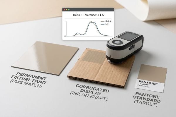 Permanent Fixture Paint (PMS Match), Corrugated Display (Ink on Kraft), and Pantone 17-3200 are measured by a colorimeter, showing Delta-E Tolerance: < 1.5.