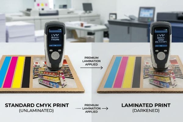 একটি কালারমিটার স্ট্যান্ডার্ড CMYK প্রিন্ট (আনল্যামিনেটেড)-এর সাথে একটি গাঢ়তর ল্যামিনেটেড প্রিন্টের তুলনা করে, যা প্রিমিয়াম ল্যামিনেশনের পরে 'ডেল্টা-ই শিফট' প্রদর্শন করে।.