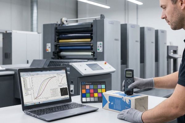 Technician uses a densitometer to measure color on a printed box, with a laptop showing G7 Master calibration curves and an industrial offset press.