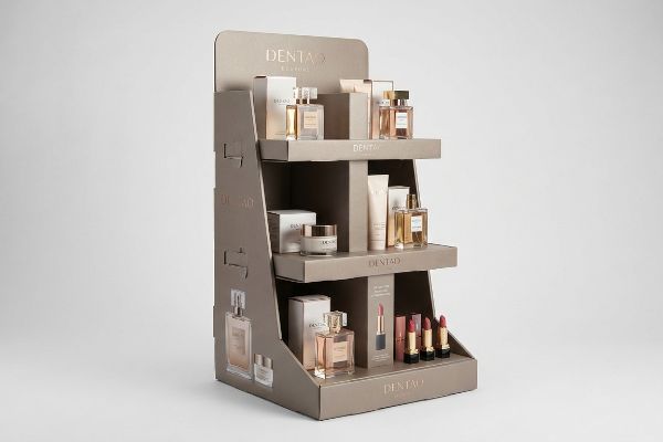 A three-tiered Dentao cosmetics display stand showcases luxury perfumes, creams, and lipsticks in elegant packaging.