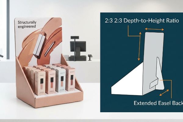 Rose gold cosmetic countertop display, 'Structurally Engineered', showing '2:3 Depth-to-Height Ratio' and 'Extended Easel Back' diagram.