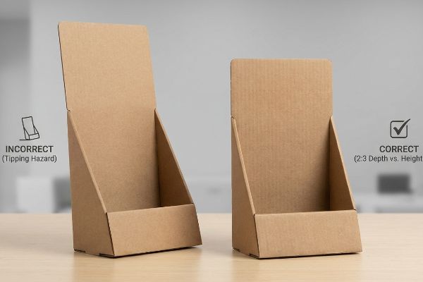 Corrugated cardboard countertop displays compare an Incorrect Tipping Hazard design to a Correct 2:3 Depth Vs. Height ratio.
