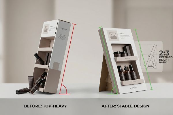Two beige cardboard point-of-sale displays, one top-heavy, one stable, illustrating the 2:3 Depth-To-Height Ratio for cosmetics.