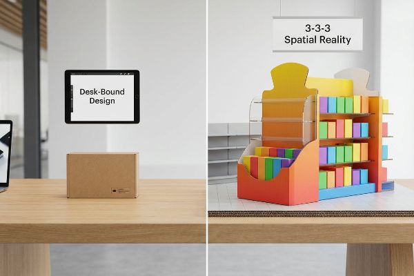 A brown cardboard box and a floating tablet displaying 'Desk-Bound Design' juxtaposed with a colorful retail merchandiser and a '3-3-3 Spatial Reality' sign.