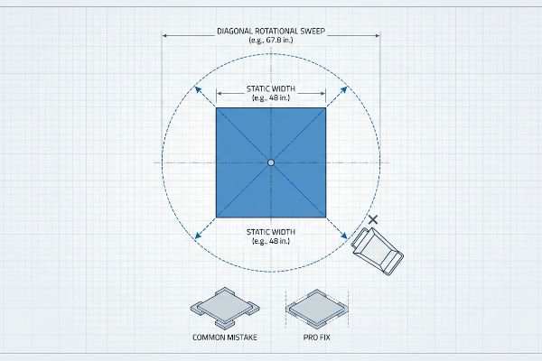 Blueprint shows spinner display's 48-inch Static Width and 67.8-inch Diagonal Rotational Sweep, causing collisions. Contrasts Common Mistake with Pro Fix.