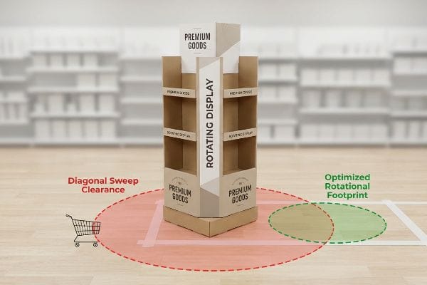 Corrugated rotating display with 'Premium Goods' branding, demonstrating 'Diagonal Sweep Clearance' and 'Optimized Rotational Footprint' for retail.