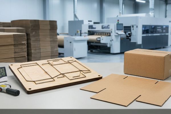 Wooden steel rule die board for corrugated box, flat cardboard blank, assembled box, digital hygrometer, and infrared thermometer in a packaging factory.