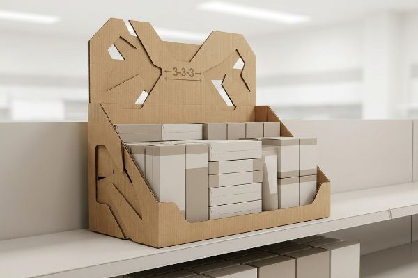 Brown corrugated cardboard retail display featuring '3-3-3' rule text, die-cut shapes, and light product boxes.