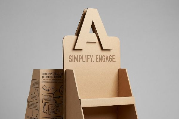 Brown corrugated POP display with a die-cut 'A' header and 'Simplify. Engage.' text, plus 'Prototype - Takt Emu' diagrams.