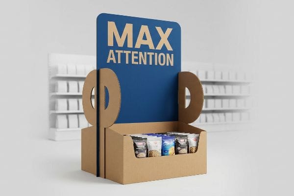 Corrugated cardboard POP display with a blue die-cut header reading