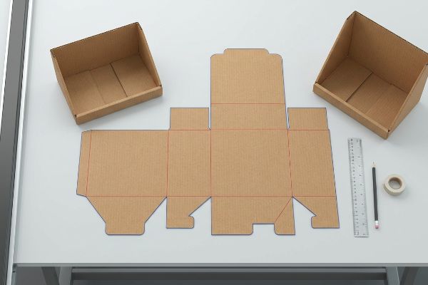 Corrugated cardboard box blank and two assembled trays for a point-of-purchase display, with design tools.