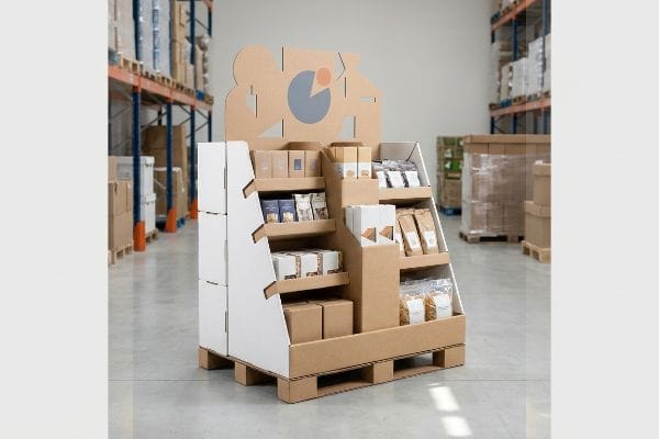 Présentoir à palettes à plusieurs niveaux en carton ondulé, doté d'une en-tête découpée avec un logo abstrait, présentant des produits de détail dans un environnement d'entrepôt.