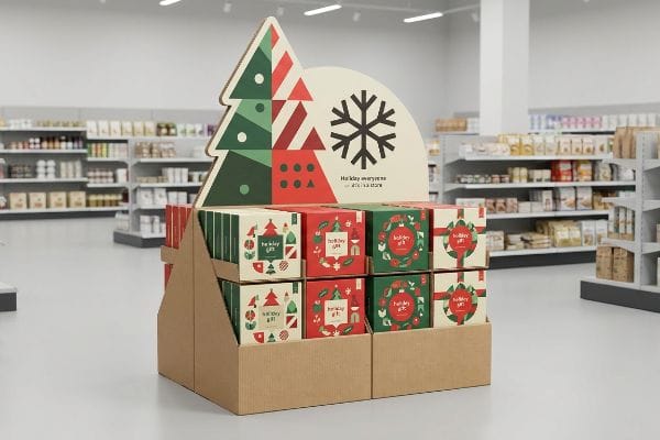 Corrugated cardboard holiday gift display with a custom die-cut Christmas tree header, featuring red and green seasonal product boxes.