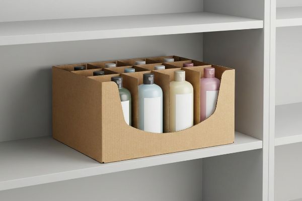 Corrugated cardboard retail-ready tray with a die-cut curved front lip, displaying various product bottles for optimal visibility on a white shelf.