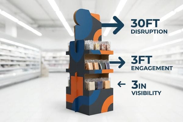 Cardboard retail display in a supermarket aisle, featuring blue and orange abstract shapes, showcasing products and the 30ft Disruption, 3ft Engagement, 3in Visibility metrics.