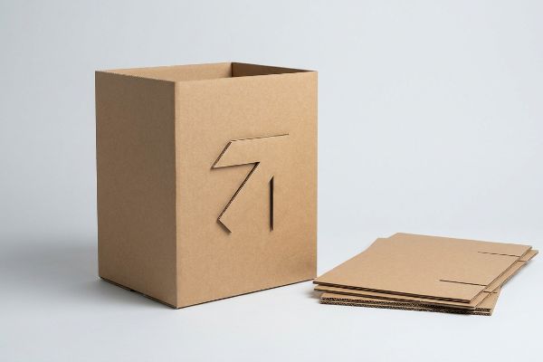 Brown corrugated cardboard box with a 3D die-cut abstract arrow focal element, beside flat unassembled virgin kraft sheets.