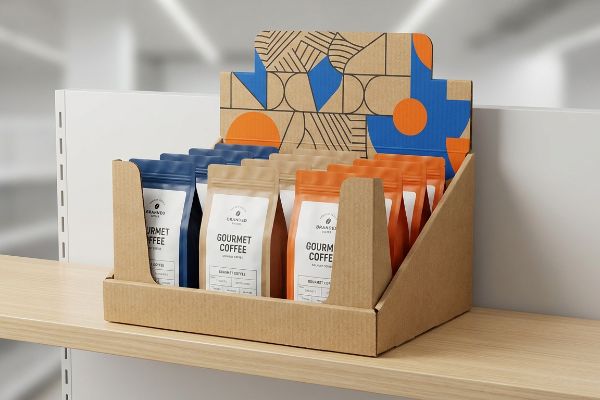 Corrugated cardboard PDQ display tray with die-cut header, showcasing Branded Gourmet Coffee stand-up pouches in blue, kraft, and orange.