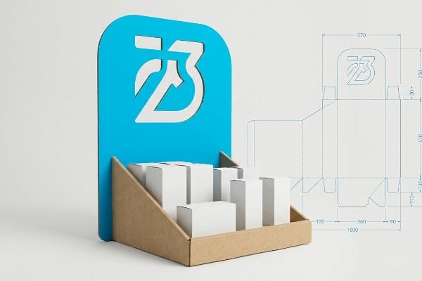 Encabezado azul troquelado en un expositor de cartón corrugado que contiene cajas blancas, con un plano técnico que muestra las dimensiones.