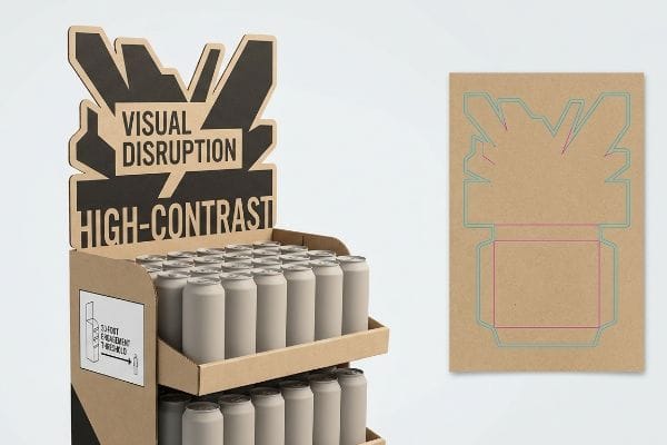 Das Display aus Kraftkarton verfügt über eine ausgestanzte Kopfzeile mit dem Text „Visual Disruption High-Contrast“, die mit Dosen gefüllt ist, neben der flachen, ausgestanzten Vorlage.