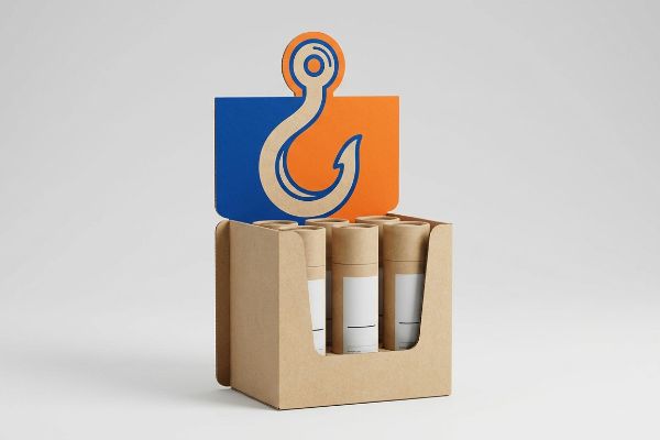 Présentoir de vente en carton kraft avec une tête de panier découpée bleue et orange, pouvant contenir des tubes de produits cylindriques.