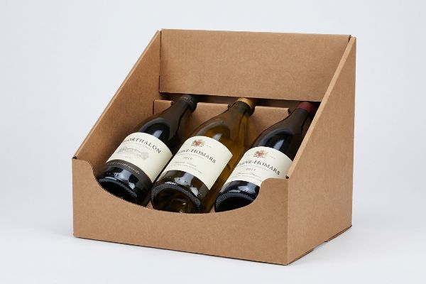 Brown corrugated wine display tray holds three bottles, Orthalon and Ne Homars, with a die-cut lip for label visibility.