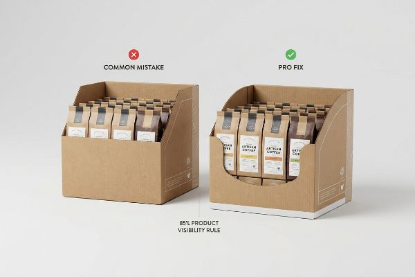 Cardboard display trays: Common Mistake high lip vs. Pro Fix die-cut front for Artisan Coffee, 85% visibility.