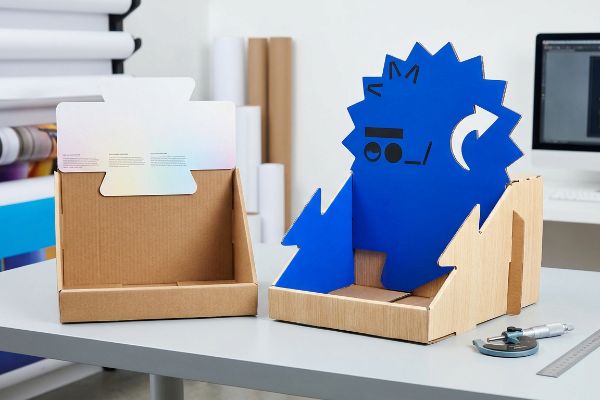 Corrugated cardboard retail displays, one with a subtle gradient header, the other featuring a jagged blue die-cut and a micrometer for precise measurement.