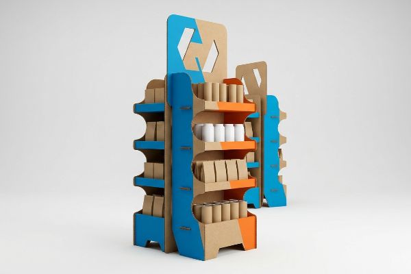 Cardboard retail display with blue, orange accents, multi-tiered shelves, and a prominent die-cut top, showcasing products for optimal visibility.
