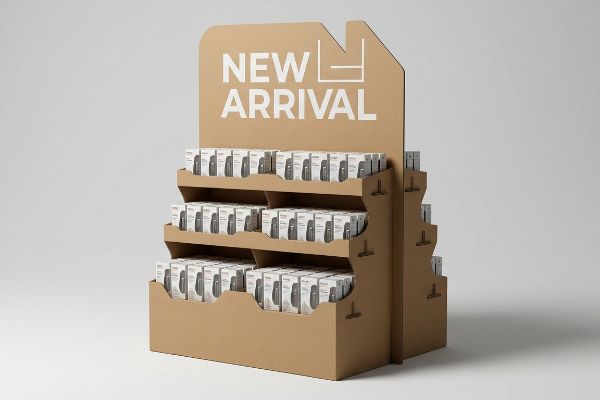 Brown corrugated cardboard retail display featuring a die-cut 