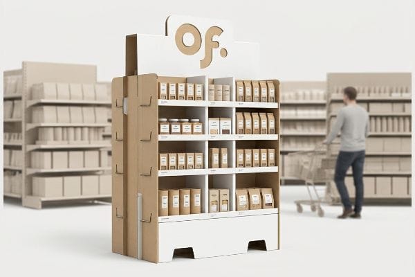 Présentoir de sol en carton kraft avec un logo « of » découpé en blanc en en-tête, présentant des produits dans un emballage en papier brun.