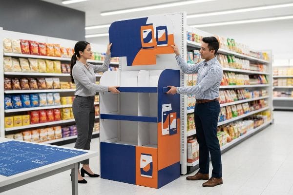 POP Display Assembly Die-cut blue and orange POP display with abstract packaging graphics is assembled by two people in a grocery aisle.