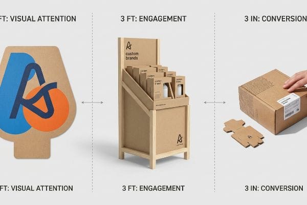 3-3-3 Rule Retail Display Kraft cardboard elements demonstrate the 3-3-3 rule in sales, featuring a large die-cut 'AS' logo, a 'Custom Brands' POP display, and flat-packed product boxes.