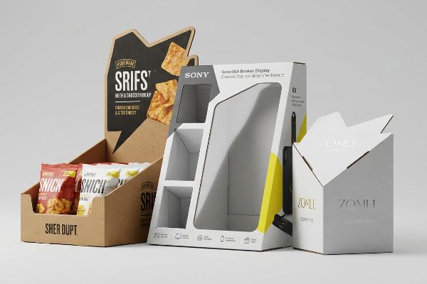 Corrugated Sriffs snack display with Snick bags, white Sony electronics display, and Zomle cosmetics box.