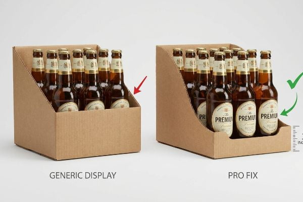 Corrugated cardboard display trays show 'The Premium' beer bottles, contrasting a high retaining lip with a die-cut swooping front for better visibility.