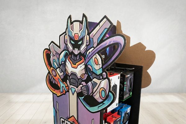Multi-layered corrugated cardboard display featuring a die-cut robot character and MSI gaming mice on shelves.