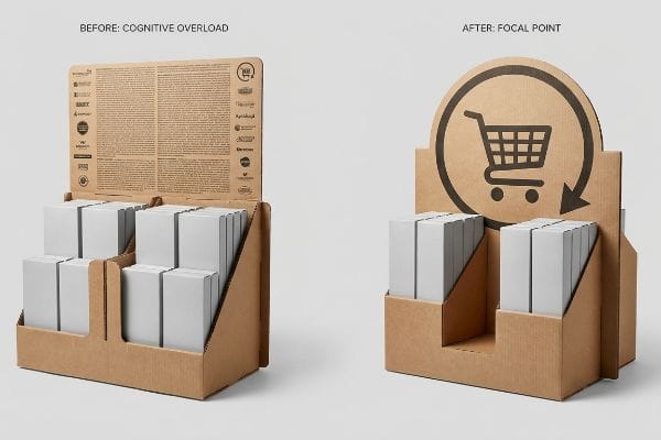 Des présentoirs en carton ondulé brun naturel montrent « Avant : Surcharge cognitive » (texte dense) contre « Après : Point focal » (icône de caddie découpée).