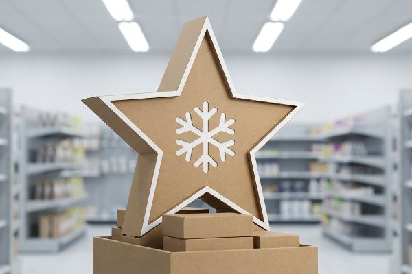 Estrela recortada em 3D de papelão ondulado kraft extragrande com um recorte de floco de neve branco, ideal para uma decoração natalina minimalista.