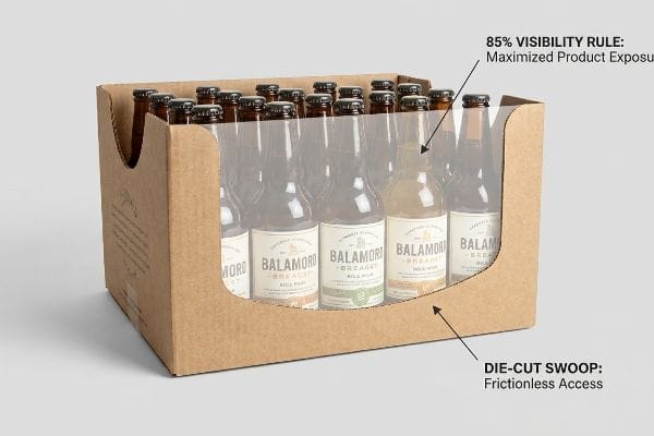 Corrugated display tray with Die-Cut Swoop, showing Balamord Brewery bottles, highlighting 85% Visibility Rule for maximized product exposure.