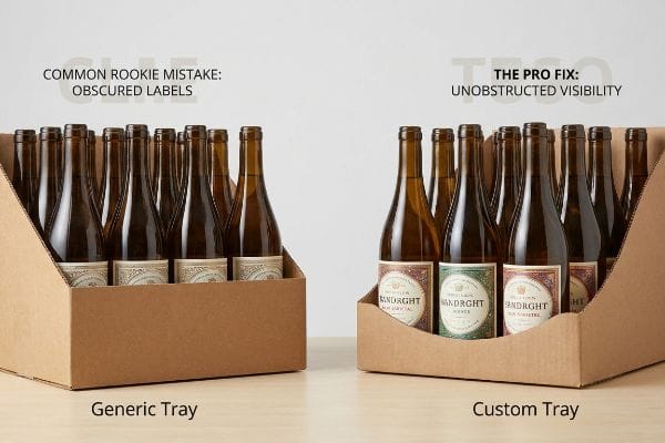 Brown corrugated cardboard trays show generic packaging with obscured wine labels versus a custom tray with a die-cut swoop for unobstructed visibility.