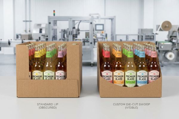 Corrugated RRP trays with Premium Blass bottles, contrasting Standard Lip (Obscured) and Custom Die-Cut Swoop (Visible) for label visibility.