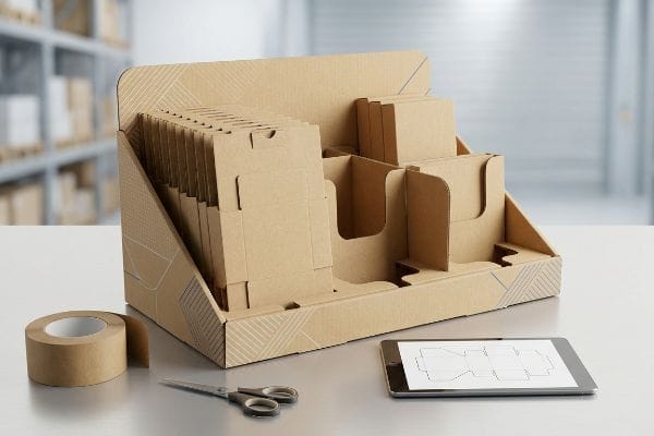 Corrugated cardboard display unit with flat-packed inserts, brown tape, scissors, and a tablet showing a die-cut design.
