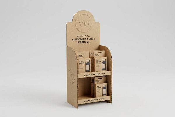 Corrugated cardboard retail display with a die-cut 'VG' logo header, promoting 'Daily Local Customize Your Product' and 'Natural Kerat Matte Fresh' on two shelves, holding small product boxes.