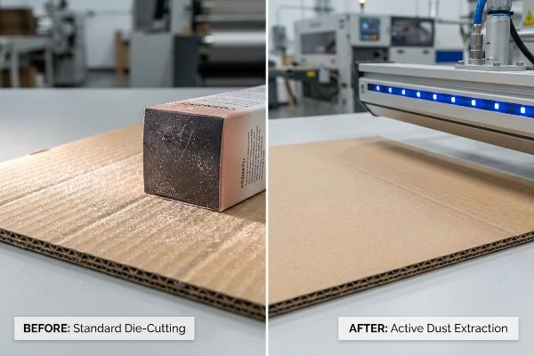 Corrugated cardboard shows die-cutting dust on a cosmetic box before, and clean board after active dust extraction.